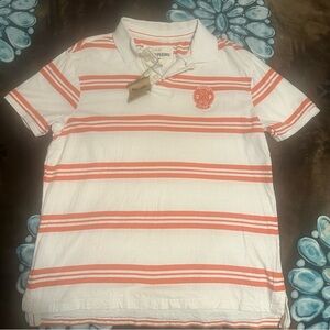 New Ditch Plain Men Large Surf White and Orange Striped Polo Shirt